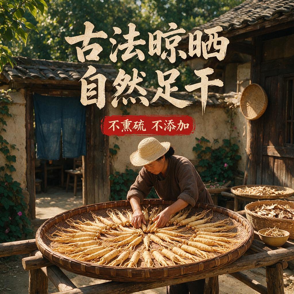 抖音电商主图，1:1正方形，人参古法晾晒工艺场景，竹编晒匾上整… - 图片创意预览