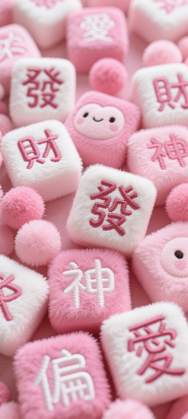 画面中是大量粉色系的毛绒方块，上面绣有 “發”“財”“神”“偏”“愛” 等字样，字体圆润可爱，颜色以粉色和白色为主，还点缀着一些粉色的毛绒球。