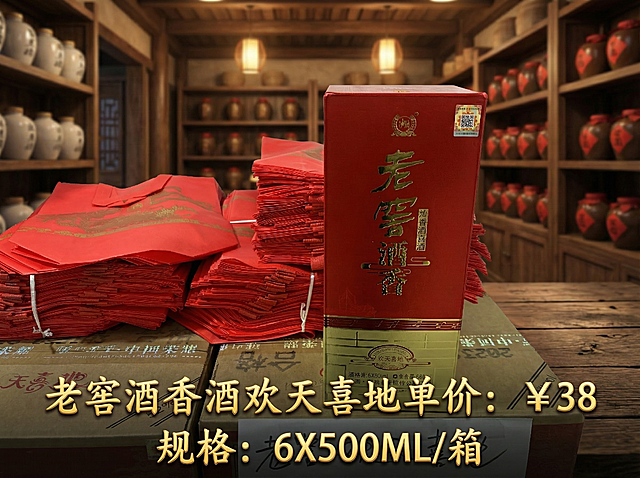 跟换适合的背景，添加文字 老窖酒香酒欢天喜地单价：￥38 规格：6X500ML/箱