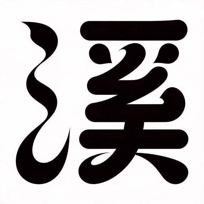 干净的纯白色背景。平面艺术字体设计，一个字溪。字形设计：左右结构拆分，左侧三点水偏旁替换为设计化的曲线笔画，右部溪保留粗厚圆角黑体设计，笔画融入参考图的曲线变形风格，粗黑圆角笔画，纯黑色字体。仅包含1预览效果