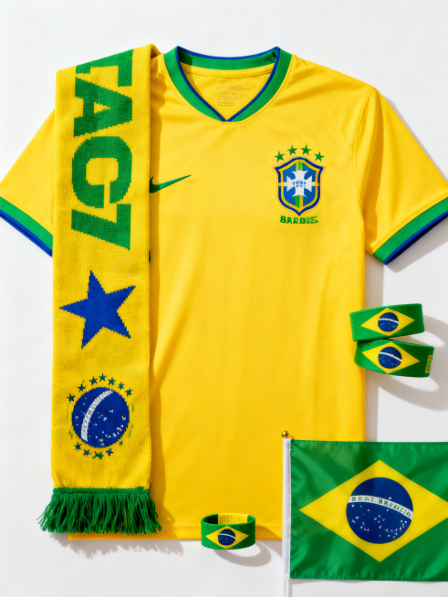 2026美加墨世界杯巴西主题球迷周边商品组合展示，包含黄色主题T恤、球队围巾、主题腕带和巴西国家旗帜，五星巴西风格，专业电商商品图，干净背景，细节清晰预览效果