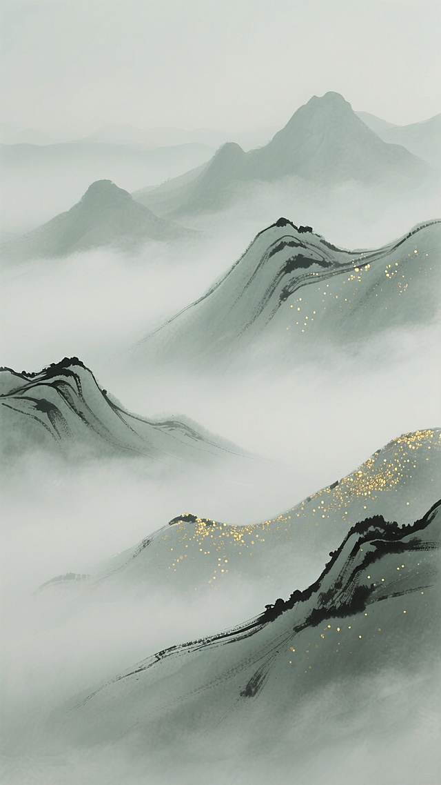 中国水墨画风格的山水背景，以柔和的灰绿色为主色调，山间云雾缭绕，呈现出朦胧缥缈的意境，山峰轮廓用流畅的墨色线条勾勒，山体上点缀着金色的细小颗粒，如同阳光洒下的光斑，整体画面干净简洁，构图开阔，没有多余的元素，适合作为背景素材使用。
