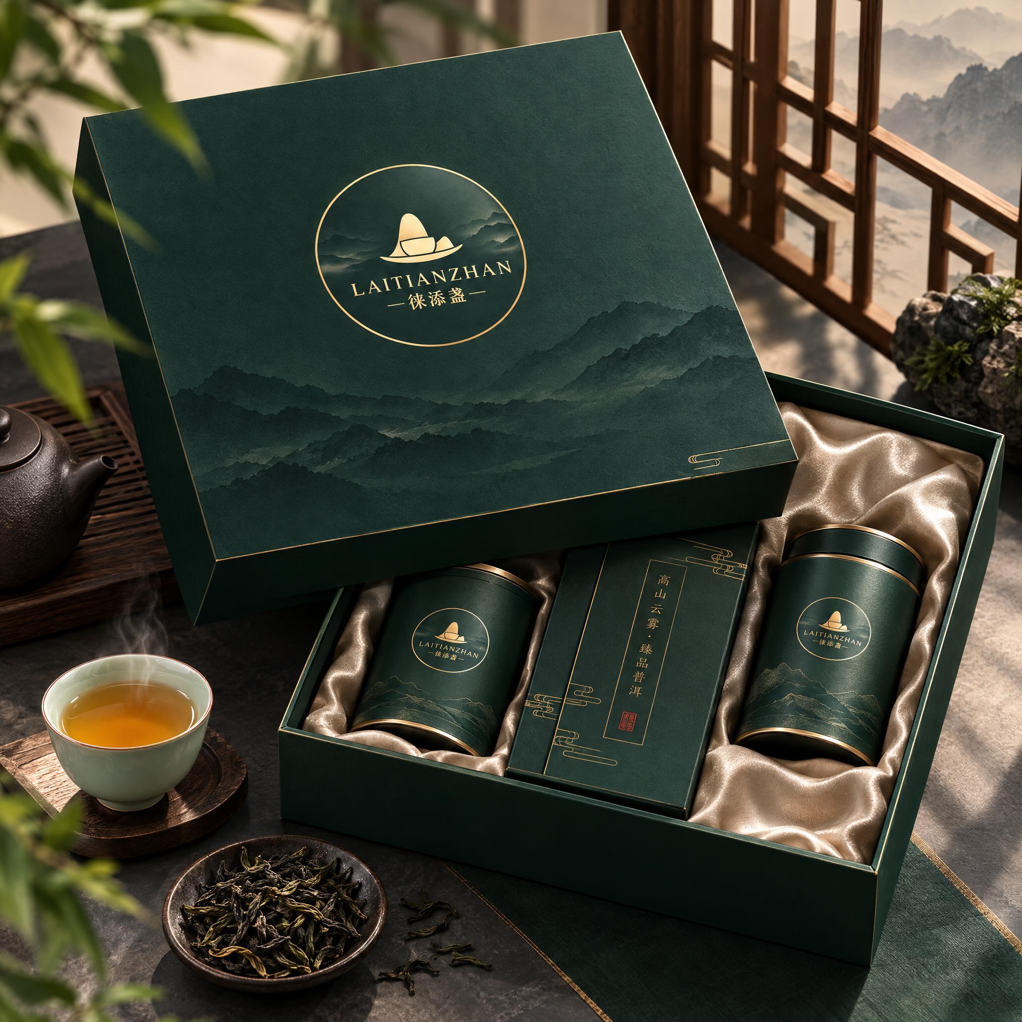 徕添盏茶品牌茶叶礼盒包装设计模板。新中式高端风格，方形天地盖礼… - 图片创意预览
