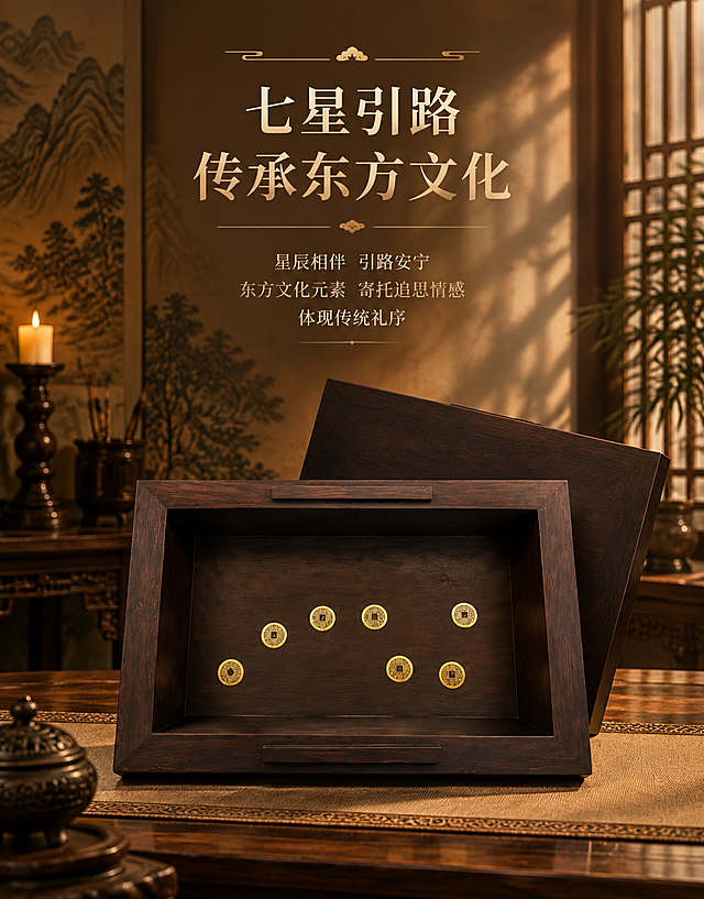 [主图-4] 七星引路底纹展示（竖版），打开盒盖展示盒底七星钱币纹饰设计。
[统一基调] 中式传统风格，暖棕色调为主，深木色背景搭配暖金色光影，庄重大气。字体采用宋体/衬线体，标题深棕色，辅助文字浅棕色，强调色用暗金色。整体氛围肃穆温暖。
[画面] 竖版构图，产品天地盖打开状态，盒盖倾斜靠在后方，盒内底部七星钱币纹饰清晰可见。整体产品占画面约55%，位于画面中下部。背景为中式桌面场景，上方有花窗光影，光线柔和温暖。竖版构图让开盖后的内部结构展示更完整。
[光影质感] 顶部柔和光线照亮盒内底部，七星钱币纹饰的纹路清晰可见，深浅有致。盒内外光影有自然过渡，整体氛围庄重祥和。
[配色] 木材深棕红色，盒内同色系，七星钱币暗金色，背景暖棕色桌面，文字深棕色+暗金。
[文字版式] 上方标题区，主标题"七星引路 传承东方文化"大字居中，下方说明文字："星辰相伴 引路安宁""东方文化元素 寄托追思情感""体现传统礼序"。文字排版雅致居中，不遮挡七星纹饰主体。
[输出要求] 790×1000像素竖版，七星纹饰清晰可见，产品结构准确不变形，颜色真实不变色。负向：变形、盒内模糊、色差、结构错误。