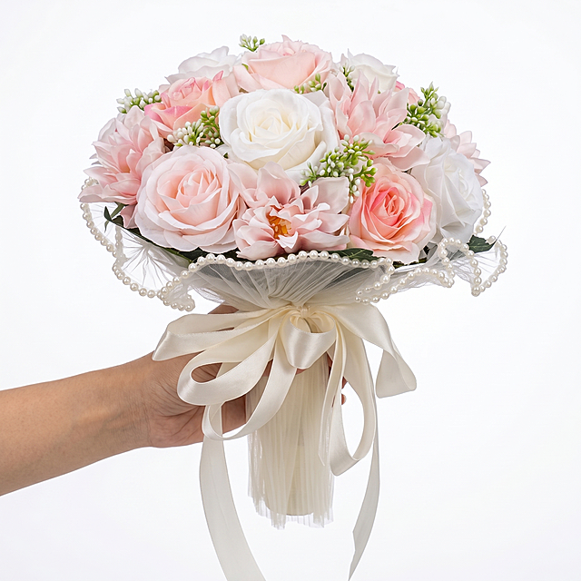 [主图-1] Wedding bridal hand-held bouquet main picture
[氛围风格] Clean, professional, minimalist style that meets cross-border e-commerce aesthetics
[画质] Commercial photography quality, soft and transparent light, clear and real product, clean and advanced picture
[Elements] Artificial wedding bouquet with pink roses white roses and daisies decorated with pearls and silk ribbons, centered on the picture, pure white background, the product occupies 85% of the picture. Keep the appearance (physical structure, material texture, color) of the bouquet absolutely consistent with the input product picture, eliminate any deformation and color difference, fine processing. The picture is full screen without border.
[Light and shadow] Soft studio light, evenly distributed light, soft contrast, clear layers, clear texture of flowers, high light performance of pearls
[Color matching] Main color: pure white background, auxiliary colors: powder, white, off-white
[Perspective composition] Head-up, centered composition, full display of the product, no cutting
[Text layout] No text and logo in compliance with cross-border main picture specifications
[Proportional resolution] 1:1 ratio, 2K resolution; text is clear and recognizable, ultra high definition
[Negative prompt] Deformation, watermark, text confusion, blurred product picture, messy background