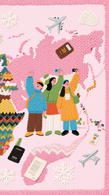 几个旅游搭子的人物举手拍照姿势站在地图上，边缘随机散布飞机、证件、雪花，粉色背景预览效果