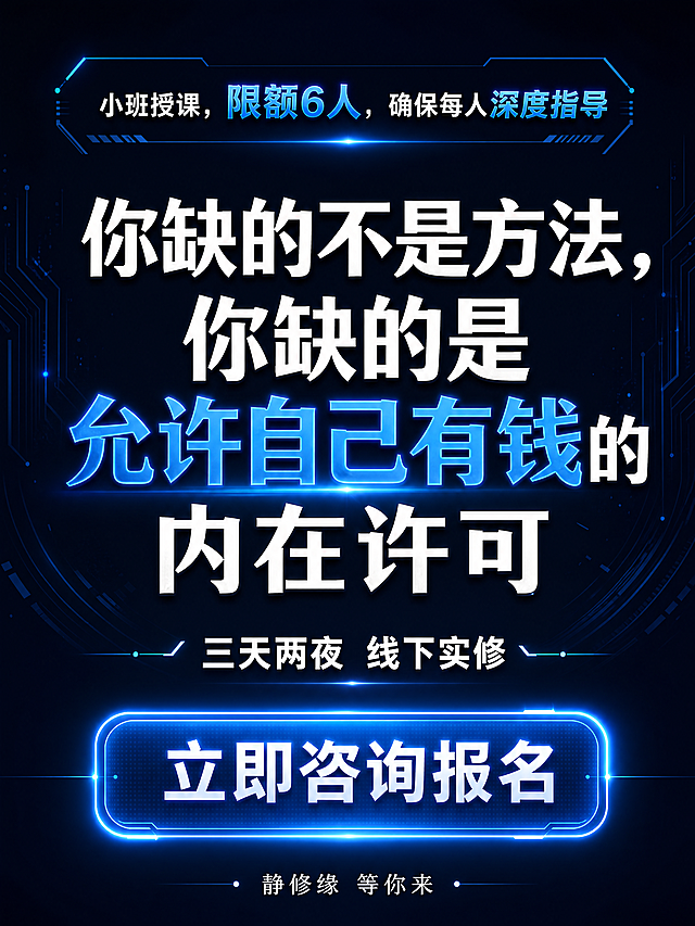 [第9屏] 行动号召与课程信息报名页。现代科技感转化设计，深蓝色背景。顶部强调语"小班授课，限额6人，确保每人深度指导"，核心宣传语"你缺的不是方法，你缺的是允许自己有钱的内在许可"，下方课程信息：三天两夜 线下实修，底部行动按钮"立即咨询报名"，按钮科技蓝色发光效果，最下方品牌落款"静修缘 等你来"。按钮突出显示，引导点击，信息层级清晰。配色：深蓝背景#0F172A，蓝色发光按钮，白色主文字，强调文字科技蓝。宽高比3:4，1080×1440，4K，文字清晰。
