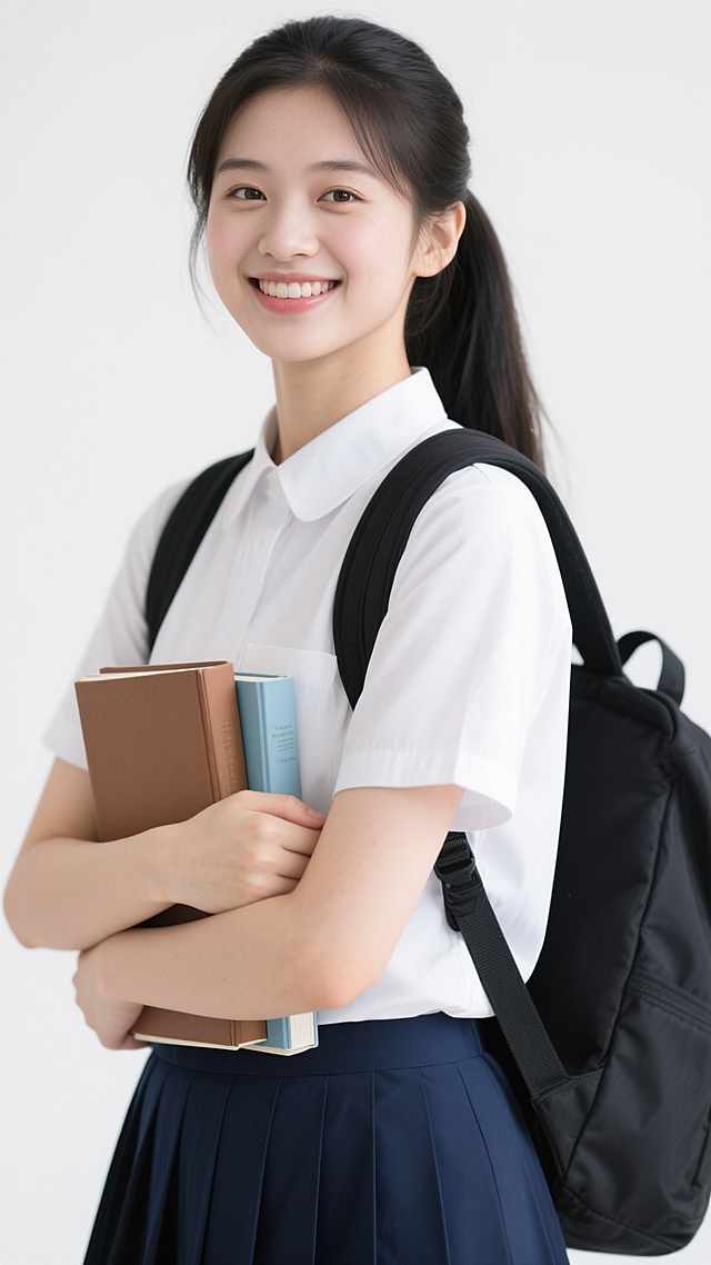 一张年轻女学生的肖像照片，她有着乌黑的长发，扎成一个马尾辫，脸上带着灿烂、自然的微笑，眼神明亮有神。她穿着一件白色的短袖衬衫，领口是标准的圆领设计，搭配一条深蓝色的百褶短裙。她的背上背着一个黑色的双肩书包，书包的肩带自然垂下。她双手交叉胸前，怀里抱着几本书，书的颜色有棕色和浅蓝色，书脊清晰可见。背景是纯白色的，整个画面光线明亮柔和，采用了清晰的写实风格，突出了学生的青春活力和积极向上的精神面貌，整体给人一种清新、自然、充满朝气的感觉。