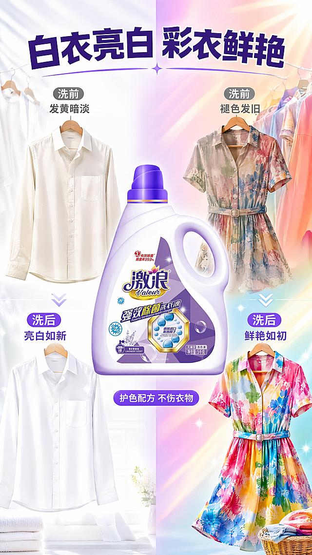 [第5屏] 护色亮彩效果-白衣亮白vs彩衣鲜艳对比展示。本屏使用【图1】作为产品主体，保持瓶身外观与原图一致。
[氛围/风格] 明亮对比风，左右分栏对比构图，色彩鲜明，视觉冲击力强。
[元素布局] 画面左右分栏对比，中间用产品瓶分隔；左侧白衣区：洗前发黄发灰的白衬衫 vs 洗后洁白亮白的白衬衫，上下对比；右侧彩衣区：洗前褪色暗淡的彩色连衣裙 vs 洗后鲜艳如新的彩色连衣裙，上下对比；中央洗衣液瓶竖直放置，占比约25%，瓶身正面展示；背景左侧为纯白色调，右侧为多彩渐变色调，中间产品区为紫色光晕过渡；顶部有衣物衣架、阳光光线等装饰元素。
[光影质感] 左右区域各自打光，白衣区冷白光亮，彩衣区暖彩光亮，产品区聚光突出，整体明亮通透。
[配色色系] 全局底色左半 #FFFFFF 纯白渐变，右半 #FDF2F8 到 #EFF6FF 多彩渐变；中间产品区 #8B5CF6 紫色光晕；主色 #7C3AED 紫色；辅助色白色、多彩衣物色。
[视角构图] 左右对比分栏 + 中间产品，阅读动线左→中→右，上下对比。
[文字版式] 顶部主标题「白衣亮白 彩衣鲜艳」粗黑体深紫色居中；左侧白衣区上下标注「洗前 发黄暗淡」「洗后 亮白如新」；右侧彩衣区上下标注「洗前 褪色发旧」「洗后 鲜艳如初」；产品瓶下方标注「护色配方 不伤衣物」紫色胶囊标签；文字清晰对比强烈。
[比例分辨率] 9:16竖版比例，4K分辨率，文字清晰可辨，高清画质。
[负向提示词] 产品变形，颜色偏差，文字错乱，水印，衣物不自然，对比过度夸张。