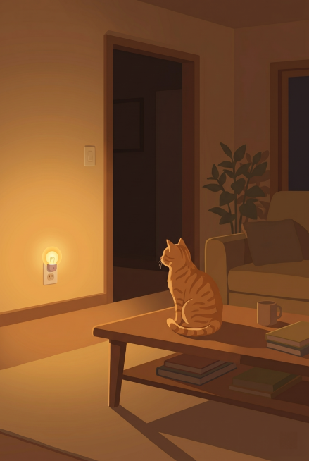 天黑了，屋子里只有微弱的小夜灯光线，橘色小猫蹲在茶几上安静看着门口方向，等待主人，扁平插画风格，和参考图风格一致，昏暗暖黄调，尺寸保持一致预览效果