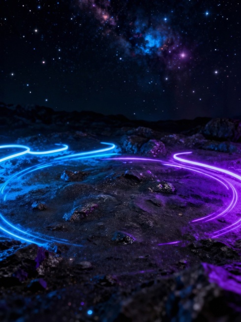 Remove the laptop from the image, keep only the dark space background with cosmic texture and neon b预览效果