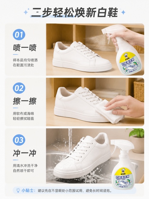 [第4屏] 使用步骤-三步清洁白鞋演示。本屏使用【图1】作为商品主体。
[氛围/风格] 步骤清晰，过程直观，生活化家居场景，真实自然。
[元素布局] 三格竖式步骤排列，从上到下：第一步喷一喷、第二步擦预览效果
