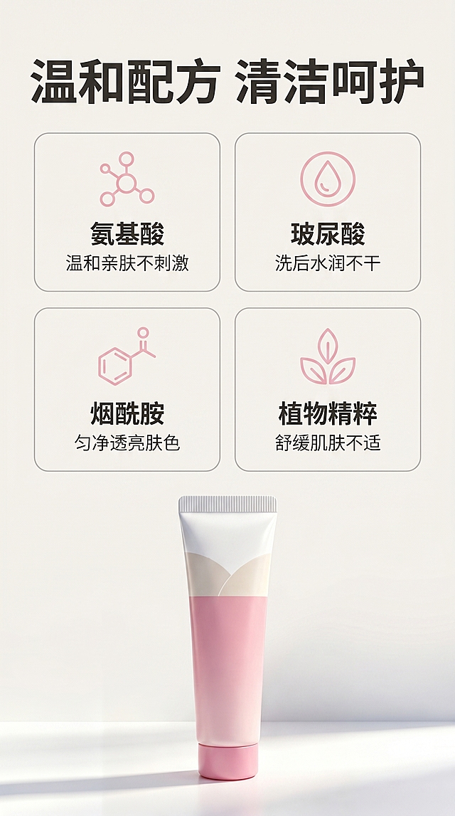 [第3屏] 本屏功能定义：粉色管装洗面奶核心成分解析功效屏。
[氛围/风格] 专业科研感，干净简约，低饱和度配色，数据可视化呈现，增强信任感。
[元素布局] 顶部主标题区域，中间四格成分网格布局，每格展示一种核心成分及对应利益点，底部放置完整产品图使用输入产品图【图1】，保持产品外观颜色结构不变，产品占据底部约20%高度，不影响成分信息展示。背景为纯净浅米白色，每个成分格带有浅灰色圆角边框，成分名称加粗，利益点说明小号字体。
[光影质感] 均匀布光，文字区域清晰，产品光影柔和，整体干净通透，信息层级一目了然。
[配色色系] 全局底色：#F8F5F2（浅米白）；边框：#E5E5E5（浅灰）；文字：#2D2D2D；成分图标色：#F7B8C8（淡粉）。
[视角构图] 上下结构，标题+网格成分+产品，纵向排版符合移动端阅读。
[文字版式] 顶部主标题「温和配方 清洁呵护」，居中粗体；四格成分：第一格「氨基酸 | 温和亲肤不刺激」，第二格「玻尿酸 | 洗后水润不干」，第三格「烟酰胺 | 匀净透亮肤色」，第四格「植物精粹 | 舒缓肌肤不适」，每个成分名称加粗，利益点浅色小字；产品放置底部，文字不遮挡主体。
[比例分辨率] 9:16竖版比例，2K分辨率，文字清晰可辨，超高清。
[负向提示词] 成分名称错误，文字错乱，产品变形，颜色偏差，背景杂乱，医疗术语，绝对化宣传。