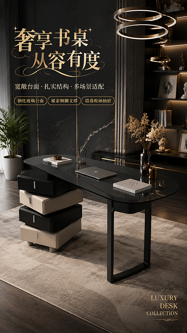 [第1张] 详情页头图-高级奢华书房大场景书桌全貌展示。本张使用【图1】作为商品主体，保持产品物理结构、比例轮廓、材质质感、颜色色号与输入图完全一致，不改变产品比例尺寸。
[氛围/风格] 现代轻奢高级奢华风，商业摄影质感，精致大气，无人物。
[元素布局] 书桌置于画面中右侧，占比约60%-65%，45°斜侧视角；左侧错落抽屉柜（黑+卡其色四层抽屉），右侧碳素钢脚支撑，烟灰色钢化玻璃台面；背景为高级奢华书房空间，含大理石纹墙面、金属线条装饰、艺术吊灯、轻奢书柜、装饰摆件、地毯、绿植等≥3层软装元素；桌面摆放精致文具、书籍、装饰花瓶，体现宽敞感。
[光影质感] 右上方柔和主光，左下方辅光补光，桌面玻璃反射高光，桌脚金属质感清晰，自然投影，明暗层次丰富。
[配色色系] 全局底色深灰蓝调轻奢风；主色黑+卡其灰+烟灰色玻璃；辅助色金属金色点缀、米白软装。
[视角构图] 45°斜侧微俯视，产品为视觉中心，阅读动线左上标题→右侧产品。
[文字版式] 左上艺术字标题区。主标题「奢享书桌 从容有度」使用好看的艺术字体，带花样设计感，衬线+金属质感；副标题「宽敞台面 · 扎实结构 · 多场景适配」；下方3个亮点胶囊「钢化玻璃台面」「碳素钢脚支撑」「错落收纳抽屉」；右下角英文装饰「LUXURY DESK COLLECTION」艺术字；文字不遮挡产品主体。
[比例分辨率] 9:16竖版比例，4K分辨率，文字清晰可辨，高清画质。
[负向提示词] 产品变形，拉长压扁，缺件错件，结构错误，颜色偏差，人物出现，水印，文字错乱，文字过小，产品图模糊，背景杂乱，内部结构展示。