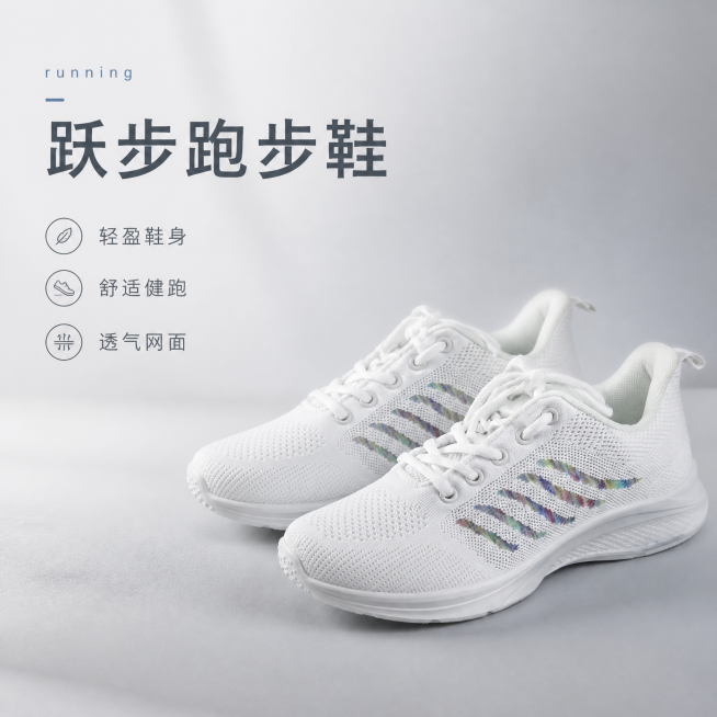 [单张主图] 跃步跑步鞋，选择高级氛围感左文右物场景型主图路线，突出轻盈鞋身舒适健跑卖点。
[画面主体] 画面右侧放大展示一双白色网面跃步跑步鞋，鞋身带有炫彩条纹装饰，保持产品外观（物理结构、材质质感预览效果