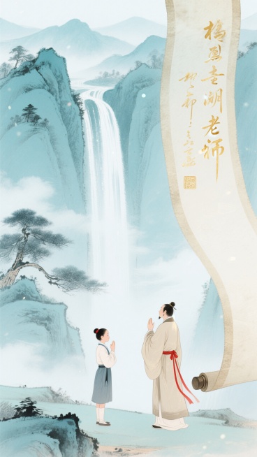竖版构图，浅青色古风山水背景，瀑布飞流直下，山峦叠嶂，松树苍翠，云雾缭绕，水墨晕染效果，工笔细腻。卷轴从左侧延伸。中部偏下有传统服饰教师与传统服饰的古代学生形象互动，教师侧身回望，学生拱手行礼，服饰为预览效果