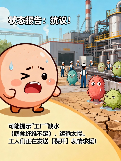 左侧放置1型或2型的卡通形象，表情是【裂开】【头秃】。右侧对应比喻图：工厂环境干燥，有益菌工人累得满头大汗，有害菌在偷懒。
文案：【状态报告：抗议！】
解读：可能提示“工厂”缺水（膳食纤维不足），运输预览效果