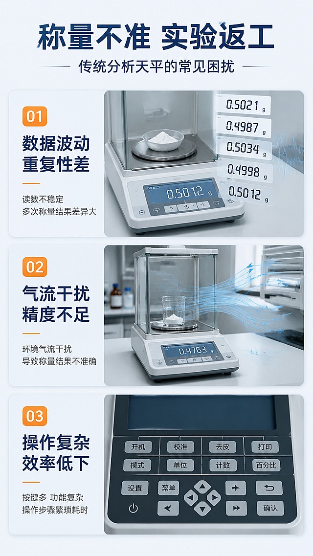 [第2屏] 详情页痛点直击-分析称量常见问题。本屏无需主体商品图，使用场景图表达痛点。
[氛围/风格] 真实办公场景，对比式痛点表达，专业平实风格。
[元素布局] 画面分为三格竖向排列，每格对应一个常见痛点，分别放置对应的场景小图：第一格为称量数据波动，显示不稳定的读数；第二格为气流干扰导致称量不准，配气流示意图；第三格为操作繁琐影响效率，配复杂按键示意图。标题区域居顶，三格痛点均匀分布画面。
[光影质感] 整体光线均匀柔和，痛点区域弱对比突出问题，文字清晰易读。
[配色色系] 全局底色 #F0F4F8；标题深蓝色 #1A365D，痛点标签浅橙色，和整体科技风保持一致。
[视角构图] 满版三栏构图，居中对齐，从上到下阅读动线流畅。
[文字版式] 顶部分层大标题：主标题 "称量不准 实验返工"，副标题 "传统分析天平的常见困扰"。每格痛点配短句说明：1. "数据波动 重复性差"，2. "气流干扰 精度不足"，3. "操作复杂 效率低下"。字体清晰，文字大小适配移动端阅读，不遮挡场景。
[比例分辨率] 9:16，4K，文字清晰可辨。
[负向提示词] 文字错乱，文字过小，背景杂乱，水印，颜色偏差，结构错误。