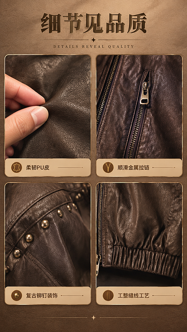 [商品] 使用【图1】深棕色立领PU皮夹克；商品处理：保留立领、前中拉链、两侧拉链口袋、袖部铆钉、松紧下摆、版型和深棕颜色；自然去皱，增强皮纹肌理、拉链金属光泽、铆钉质感和缝线清晰度，不改变结构。
[画面] 目标：面料工艺细节页，展示皮衣材质与做工质感。构图：2×2宫格布局，左上为皮纹微距特写（手指轻触皮质），右上为金属拉链头与拉链口袋细节，左下为袖部铆钉与缝线细节，右下为松紧下摆收边工艺。四个细节图带浅棕边框，背景为暖棕纸张质感。
[视觉] 套系策略：风格=复古都市高级商业摄影；标题字=现代衬线粗体；正文字=简洁无衬线体；主色=深棕暖咖；背景延展=基于深棕暖咖做深浅层级、同色渐变和细腻皮革/纸张质感；强调色=古铜金，仅用于小面积图标、引线和标签；标题色=深炭棕；正文色=中暖棕；组件=圆角浅棕信息卡、细线引线；光影=侧前暖柔光，突出材质纹理与金属高光。
[文字] 顶部主标题「细节见品质」，每格下方配短标签：柔韧PU皮 / 顺滑金属拉链 / 复古铆钉装饰 / 工整缝线工艺；文字横向排版，字号适中手机可读。
[规格] 图片比例9:16竖版，4K分辨率，medium质量，避免变形、错字、文字过小、冷蓝背景、皮衣颜色改变、材质失真、极限词。