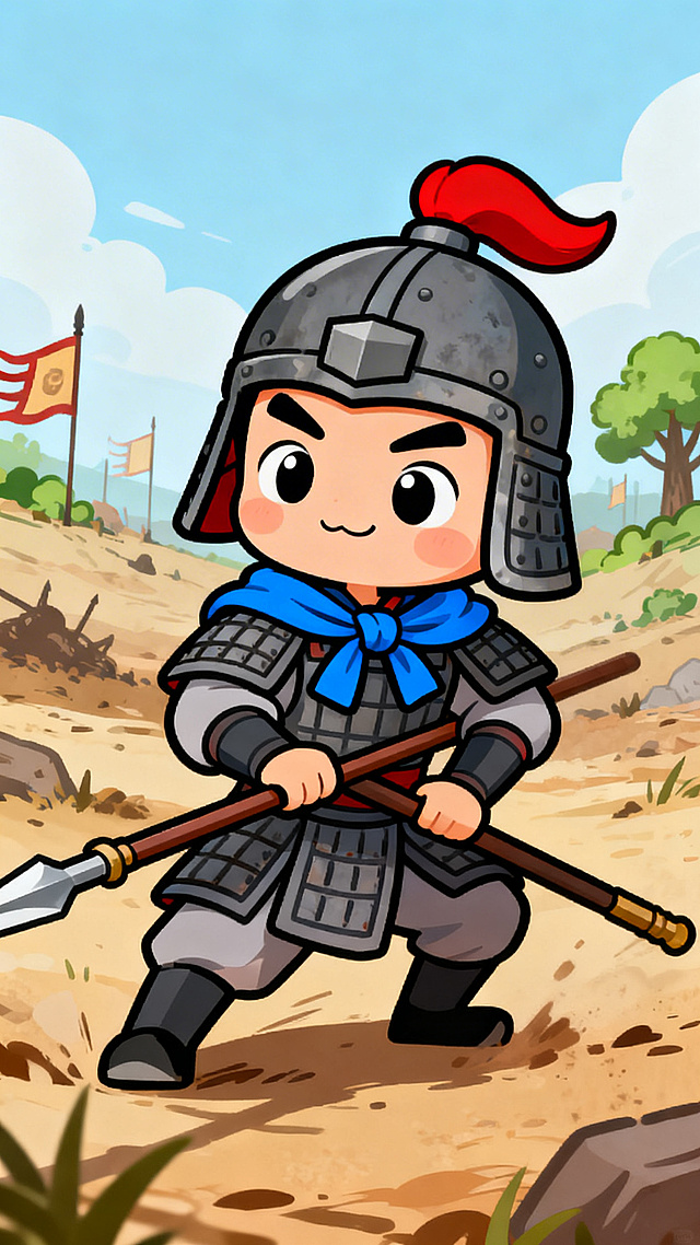 手绘卡通风格，三国时期的中国古代士兵，佩戴方巾和头盔，形象可爱生动