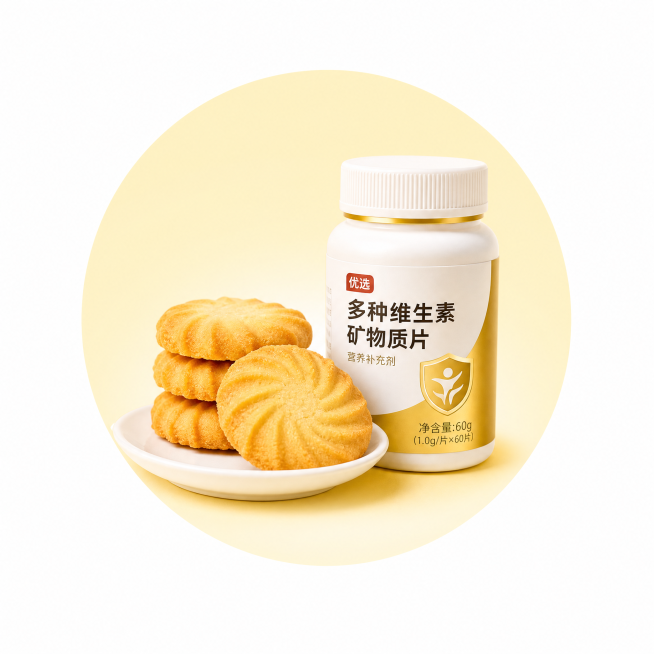 电商滋补干货分类图标，100*100尺寸，包含曲奇饼干和保健品图案，浅黄色圆形背景，保持和参考图一致的设计风格，不要大改动预览效果