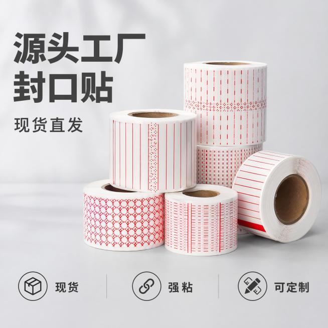 [主图-1] 封口贴产品首图，展示现货直发核心信息；
[氛围风格] 简约商务工厂源头风格，清晰突出产品；
[画质] 商业摄影质感、光线明亮通透、产品清晰真实、画面干净高级；
[元素] 多卷封口贴整齐居预览效果