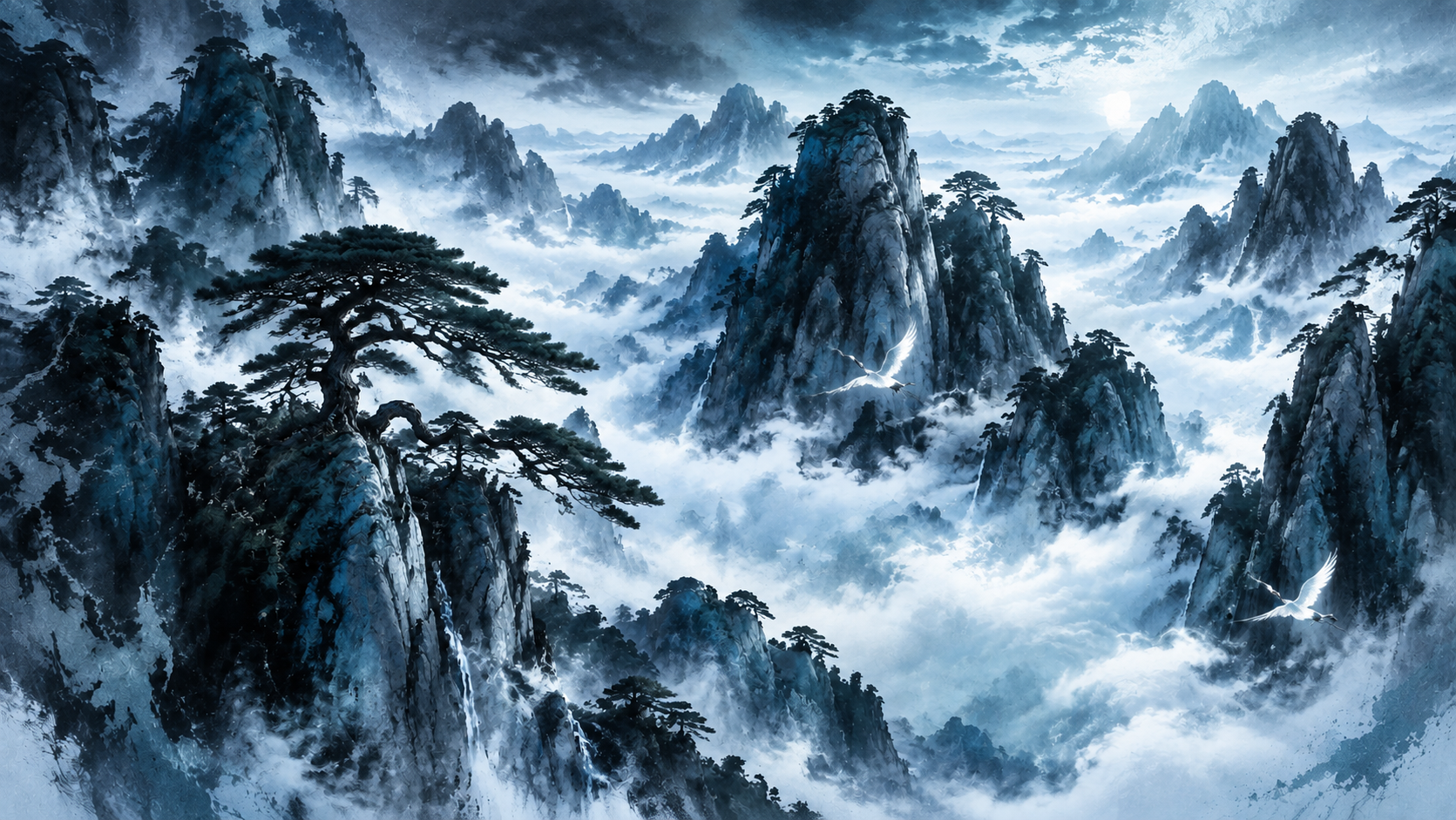 将画面整体色调改为蓝黑色系冷调水墨画，保留黄山山脉、迎客松、云… - 图片创意预览