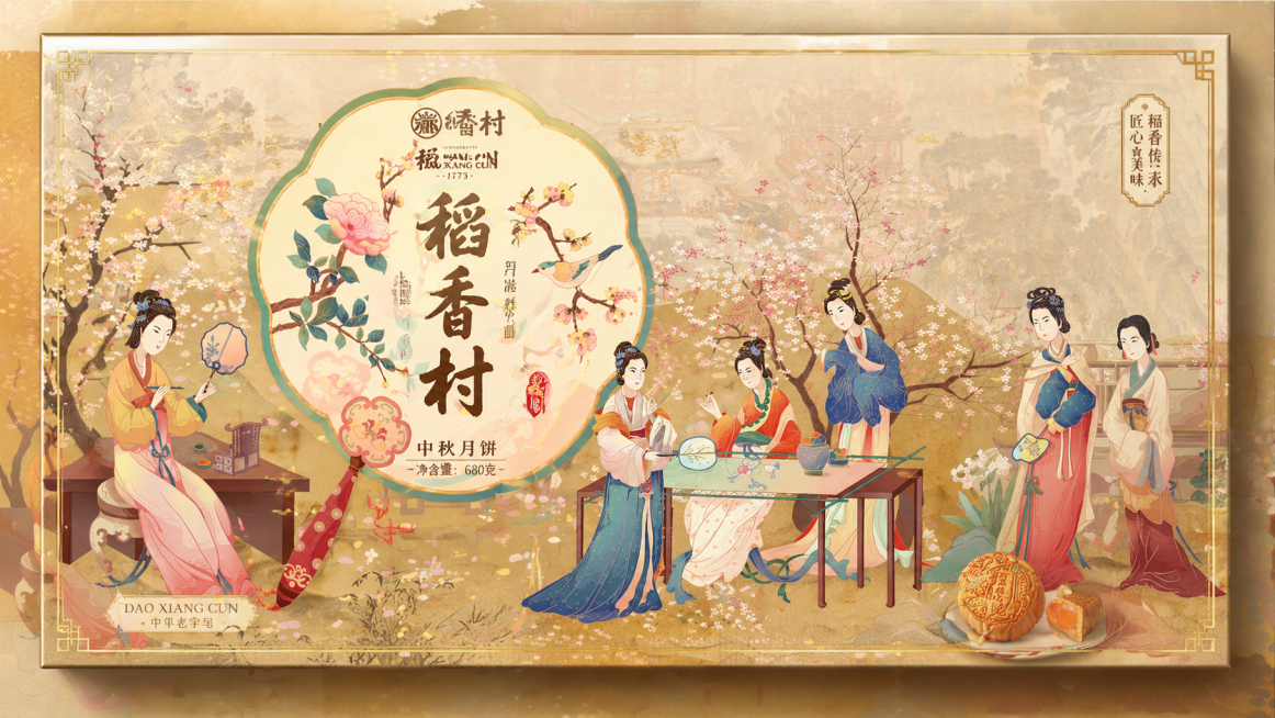 「图片1」用这张图帮我做一个稻香村月饼包装设计主视图，按这张图的比例生成预览效果