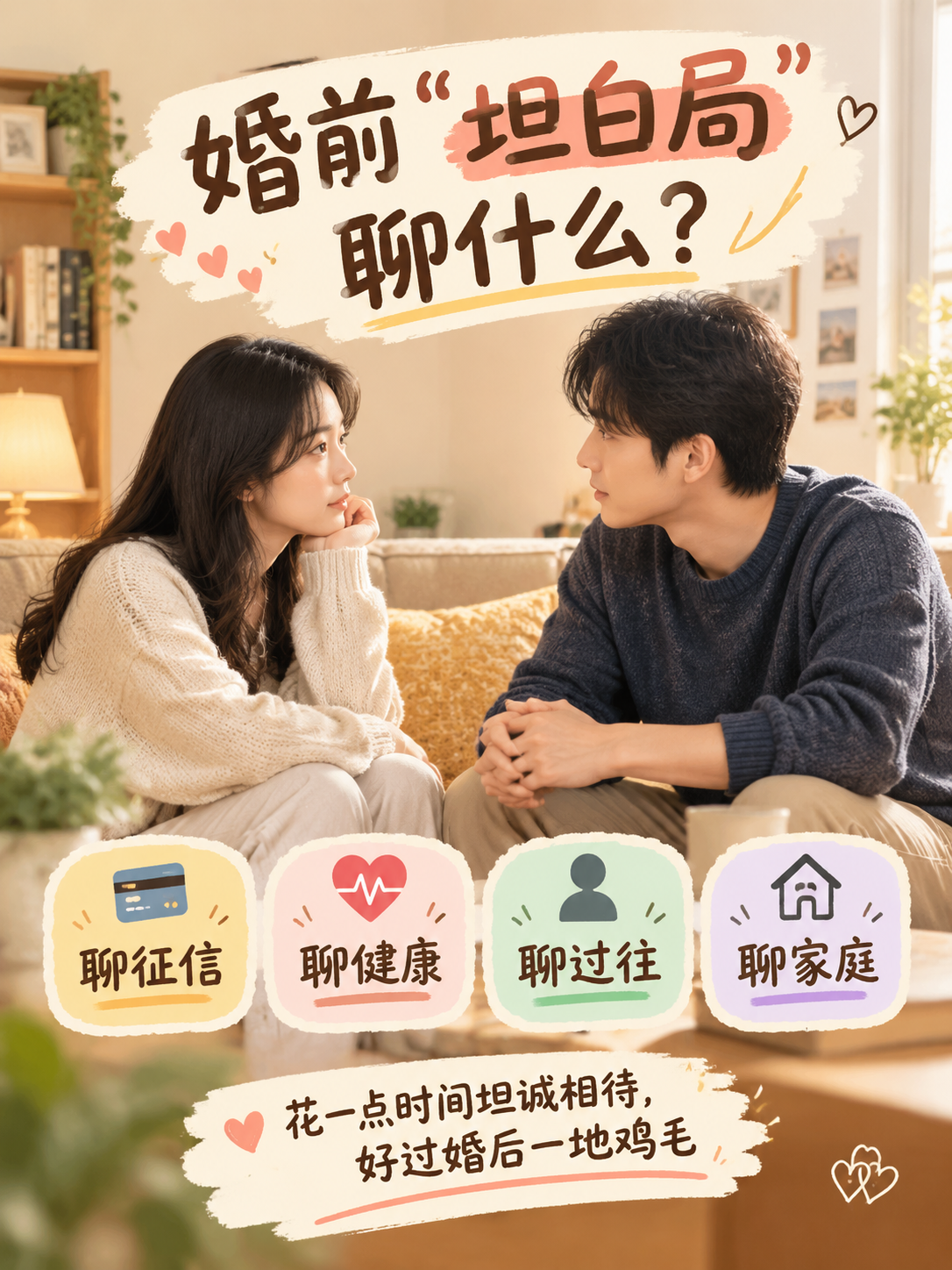 小红书风格图文封面，主题为婚前坦白局，暖色调温馨氛围，一对情侣… - 图片创意预览