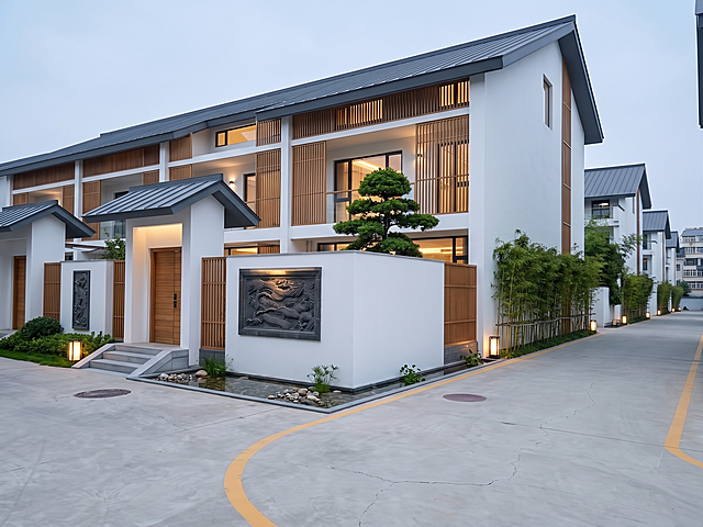 参照第二张图片的现代新中式木质格栅建筑风格，修改第一张图片的联排别墅，保留建筑原有布局结构，将立面改为白墙搭配木质格栅，深色大坡屋顶，呈现现代禅意新中式风格