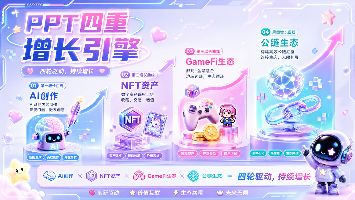 PPT四重增长引擎页面，列出四条增长曲线：第一增长曲线AI创作，第二增长曲线NFT资产，第三增长曲线GameFi生态，第四增长曲线公链生态，总结四轮驱动持续增长，保持Y2K Kawaii粉紫蓝霓虹风格预览效果