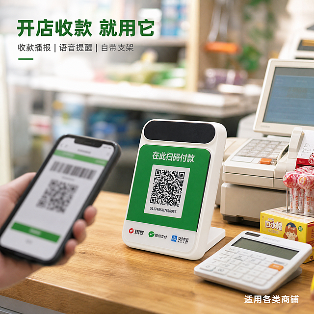 [主图-4] 真实使用场景图，展示收款播报音箱在便利店/小商铺收银台的真实使用场景。
[统一基调] 抖音电商风格，高清商业摄影质感，整体色调以白色和绿色为主，字体使用粗黑体，标题字色为深绿色，辅助文字为深灰色，强调色为品牌绿，卡片使用圆角矩形，整体简洁大气有品质感。
[画面] 真实商铺收银台场景，木质台面上摆放着收款播报音箱，音箱正面朝向镜头，旁边有收银机、计算器、小商品等收银台常见物品，背景虚化，可以看到模糊的店铺货架或店内饰。一位店主的手（仅手部，不露脸）正拿着手机，做出扫码付款的动作，手机屏幕朝向收款音箱的二维码，表现真实使用场景。产品在画面中清晰可见，是视觉焦点。场景光线明亮自然，像白天的店铺环境。
[光影质感] 真实场景摄影质感，自然光从前方打来，产品在台面上有自然的接触阴影，与场景融合自然，没有悬浮感或硬切边缘。产品材质表现真实，与环境光影一致。
[配色] 场景以暖木色和白色为主，产品本身的白绿配色突出，整体色调明亮温暖，有生活气息。
[文字版式] 画面左上角有简短场景标语"开店收款 就用它"，字体不大，不遮挡主体；画面右下角可有小字"适用各类商铺"。文字放在画面边缘负空间，不影响场景展示。
[输出要求] 1:1正方形比例，文字清晰可读无错字，产品清晰且与场景融合自然，手部结构正常无畸形，画面真实有代入感，禁止出现水印、平台Logo、二维码引流、极限词。