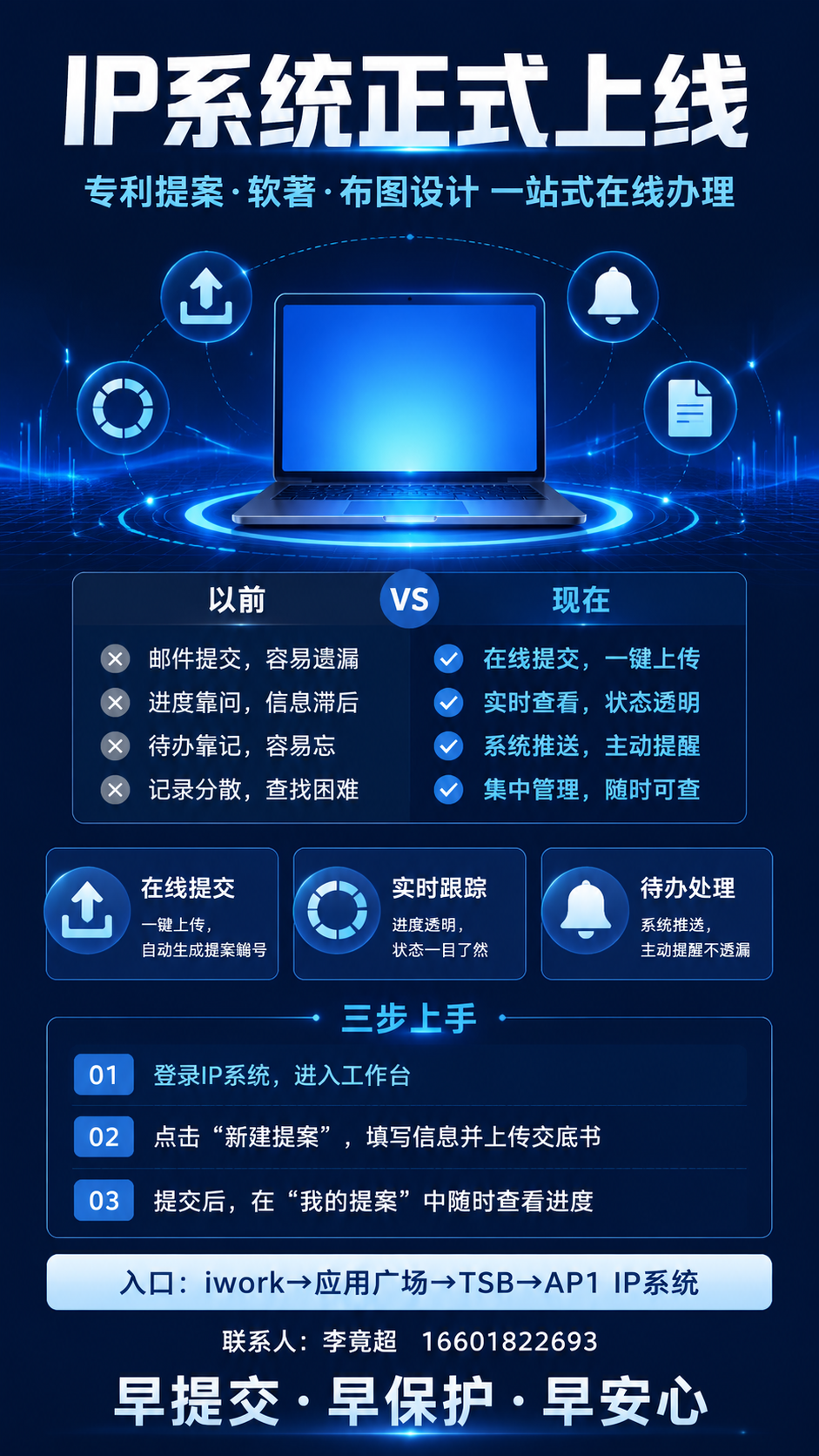 一张科技商务风格的公众号竖版海报，主题为IP系统正式上线通知。… - 图片创意预览