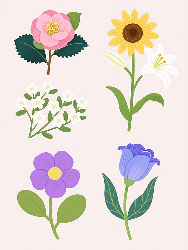 手绘插画风格，纯色背景，系列素材集合规整排布，包含六种不同花卉元素：山茶花（粉色花瓣，金色花蕊，深绿色锯齿边叶子）、小葵花（黄色放射状花瓣，棕色花盘，细长绿色茎秆和叶子）、百合花（白色喇叭形花瓣，黄色花药，绿色花茎和披针形叶子）、满天星（白色星形小花簇，细小绿色枝叶）、紫罗兰（紫色花瓣，黄色花心，椭圆形绿叶）、洋桔梗（蓝紫色花瓣，绿色花茎和对生叶），每朵花都有清晰的轮廓线，色彩饱满明快，叶片有自然的明暗渐变和叶脉纹理，整体画面简洁清新，色彩风格统一且富有生机。