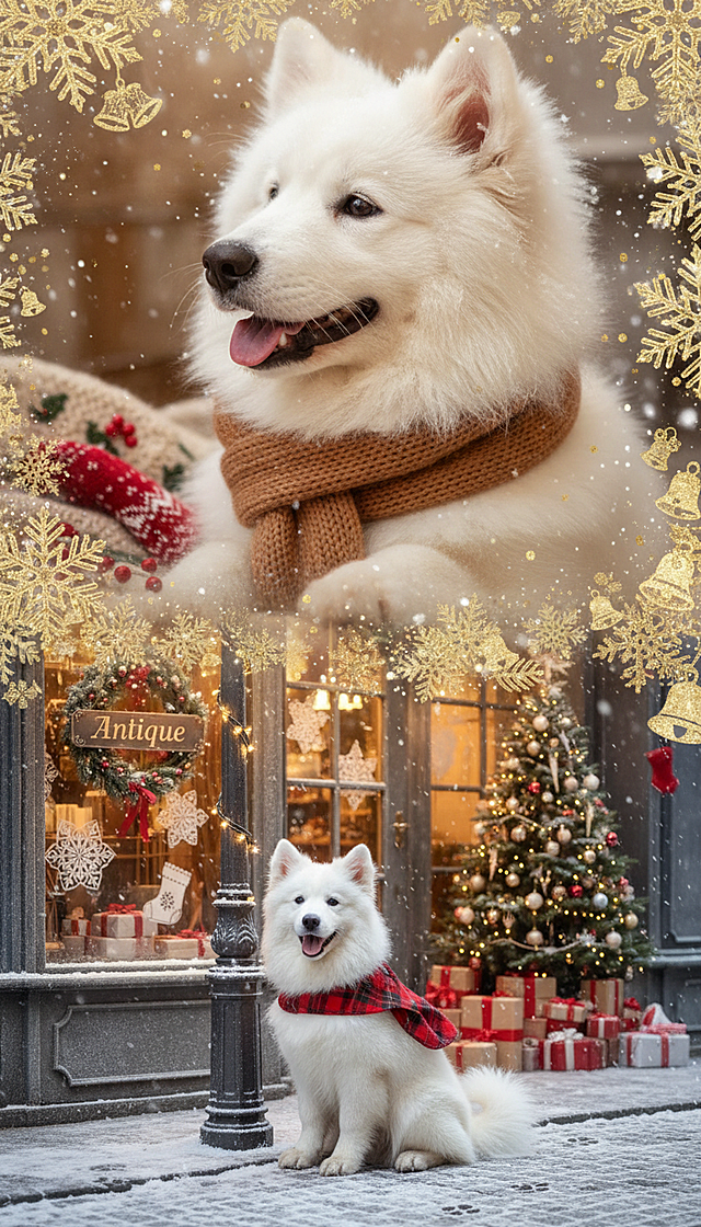 上宫格大特写镜头，雪白萨摩耶幼犬侧脸特写，焦糖色针织小围巾裹着毛茸茸的脖颈，蓬松绒毛沾着细雪，黑亮的鼻尖凝着雪粒，肉垫爪子轻搭在缀有红果刺绣的粗纺羊毛毯上，耳尖落着细碎雪花，围巾旁露出半截红色针织小袜子，袜子上绣着圣诞袜图案，暖光打在绒毛上，层次分明。
中间衔接元素大面积雪花图标层叠交织，雪花边缘鎏金描边，中间点缀迷你圣诞铃铛与松枝图案，雪花间隙飘着细碎的金色亮片，亮片随雪花缓缓飘落，将上下画面柔和衔接，营造出雪夜飘雪的动态氛围感，提升画面精致度。
下宫格中景镜头，萨摩耶幼犬蹲坐在欧式老街的铸铁路灯下，毛茸茸的尾巴欢快甩动蹭着灯杆，背上的红格纹小披风被微风拂起，身后是挂着霜花的铜制 “Antique” 店铺招牌，招牌旁挂着松枝红果圣诞花环，路灯杆缠满暖黄小彩灯，街边橱窗贴着雪花与驯鹿窗花，橱窗内摆着高大的圣诞树与堆成小山的礼盒，地面积雪上散落着梅花状爪印，大片雪花簌簌落在雪白绒毛与老街石板路上，画面明亮又充满圣诞气息。