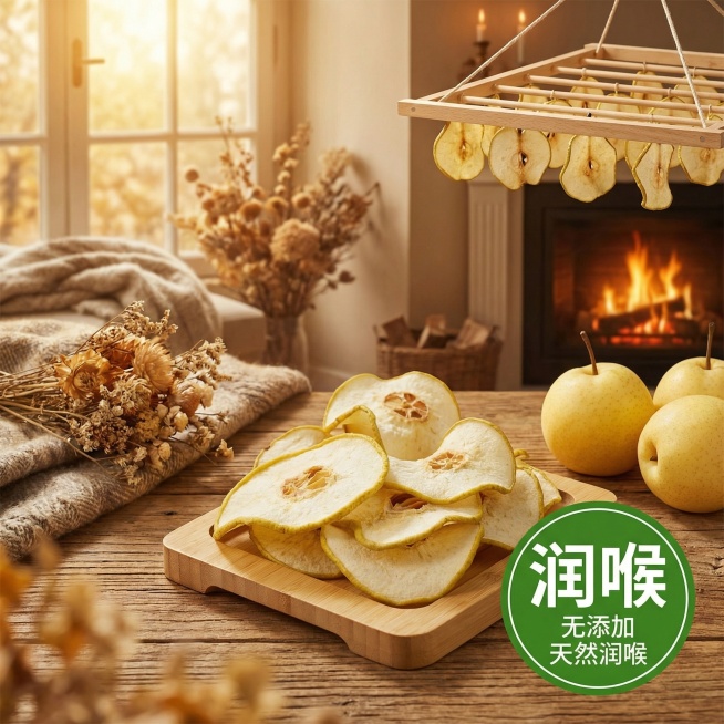 将背景替换为真实的秋冬干燥室内场景，添加新鲜雪梨和晾晒架元素，用暖光滤镜突出"无添加 天然润喉"卖点，搭配绿色"润喉"标识预览效果
