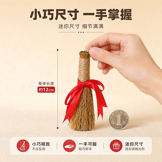 [商品] 使用【图2】稻草小毛刷捆红绳（手持款）；保留稻草材质、棉红绳蝴蝶结、麻绳手柄、整体造型比例和颜色不变；商品处理：保留手持对比，去除背景杂物。
[画面] 第7张·尺寸参照，目标直观体现小巧尺寸。居中构图，成人手指捏着小扫把手柄，展示手指与小扫把的大小对比，旁边可搭配一枚硬币或日常小物件做参照。商品与手部占画面约60%，景别中景特写。背景简洁暖米色渐变。阅读动线：从上标题到中间主体再到下方说明。至少3层视觉层级（标题+商品手部+参数标注）。
[视觉] 套系策略：风格=温馨手作感商业摄影；标题字=阿里巴巴普惠体粗体；正文字=阿里巴巴普惠体常规体；主色=暖米杏色；背景延展=基于暖米杏做深浅层级、同色渐变和细腻麻布/纸张质感；强调色=正红色，仅用于小面积图标、引线和标签点缀；标题色=深棕褐色；正文色=中暖棕色；组件=圆角浅底信息卡、细线引线、圆点装饰；光影=左前侧暖柔光，柔和阴影。
[文字] 上方主标题"小巧尺寸 一手掌握"，副标题"迷你尺寸 细节满满"，配尺寸标注引线说明整体长度约XX厘米（用约字保守表达），配文字：小巧精致不占空间、适合微缩比例。文字与引线配合，不遮挡商品主体。所有文字横向排版。
[规格] 图片比例1:1正方形，4K，medium。避免变形、错字、文字过小、冷蓝/蓝灰背景、商品颜色改变、结构失真、极限词违禁词、小标致图案、天然环保原生态等词。