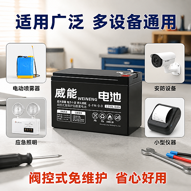 [主图-4] 威能蓄电池适用场景展示图，多设备通用。
[氛围风格] 浅灰色工作台实景背景，专业实用感，拼多多场景化展示。
[画质] 商业摄影质感、场景真实、光线自然、产品清晰突出。
[元素] 画面中央主体为一块威能铅酸蓄电池，放置在浅灰色工作台面上，电池外观与输入产品图完全一致。电池周围环绕四个场景小图标/小图框，分别对应四种应用场景：电动喷雾器、安防门禁、应急照明、小型设备。每个小图框内有简洁的场景示意图标和名称。工作台面上有少量工具元素（如螺丝刀、电线）作点缀，不抢主体。背景为虚化的 workshop 环境，浅色调干净。
[光影] 左上方自然光为主光，工作台面有柔和漫反射，电池底部有真实接触阴影，场景自然不生硬。
[配色] 主色浅灰工作台色调；辅色深蓝（标题）、黑色（电池）、各场景图标彩色区分。
[视角构图] 微俯视45度角，电池居中为视觉重心，四个场景小图框分布在电池四周（左上、右上、左下、右下），形成环绕式构图，信息丰富但主体突出。
[文字版式] 顶部大标题「适用广泛 多设备通用」，深蓝色粗黑体最大号。四个场景小图框下方各标注场景名称：「电动喷雾器」「安防设备」「应急照明」「小型仪器」，黑色中号字。底部一行加粗卖点「阀控式免维护 省心好用」，橙红色粗体。所有文字清晰可读，不遮挡电池主体。
[输出要求] 1:1比例，文字清晰锐利，超高清商业摄影质感。
[负向提示词] 变形，文字错乱，产品图模糊，背景杂乱，水印，电商平台Logo，质保时间相关文字，多余的手，畸形手。