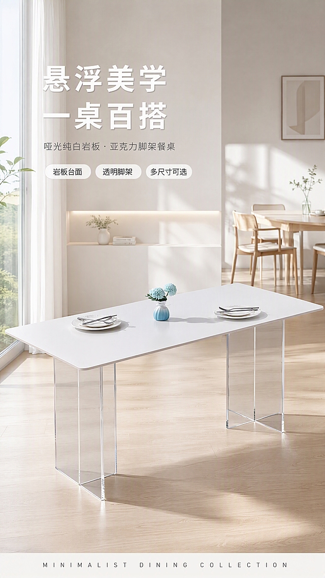 [第1张] 详情页头图-哑光纯白岩板亚克力脚架餐桌餐厅场景主视觉。本张使用【图1】作为商品主体，保持产品结构、材质、颜色与原图一致。
[氛围/风格] 极简现代奶油风，亮色调，明亮通透，商业摄影质感，高级感餐厅生活方式氛围。
[元素布局] 餐桌置于画面中下部，占比约55%-60%，45°斜侧视角，桌面摆放简约餐具和浅蓝色小花瓶装饰；背景为明亮的现代餐厅空间，白色墙面，左侧有落地窗透进自然光，远处可见简约餐椅、浅色木地板、绿植点缀；桌面为哑光纯白岩板（直边圆角），脚架为透明亚克力，呈现悬浮轻盈感；产品物理结构、比例轮廓、材质质感与输入图一致。
[光影质感] 左侧自然光为主光源，柔和漫射，桌面有均匀高光，亚克力脚架通透有折射光影，右下自然投影，整体明亮干净。
[配色色系] 全局底色 #FAFAF7（奶油白）；主色哑光纯白岩板+透明亚克力；辅助色浅木色地板、浅灰墙面；点缀色淡蓝花艺。
[视角构图] 45°斜侧微俯视，产品为视觉中心，阅读动线左上标题→中部产品→底部信息条。
[文字版式] 左上标题区竖列排版。主标题「悬浮美学 一桌百搭」，黑体加粗白色；副标题「哑光纯白岩板·亚克力脚架餐桌」，细黑体浅灰色；下方3个胶囊形亮点条：「岩板台面」「透明脚架」「多尺寸可选」，黑字白底；底部通栏英文装饰「MINIMALIST DINING COLLECTION」。文字不遮挡桌面主体。
[比例分辨率] 9:16竖版比例，4K分辨率，文字清晰可辨，高清画质。
[负向提示词] 桌面变形，脚架结构错误，颜色偏差，水印，文字错乱，产品图模糊，背景杂乱，缺件错件。