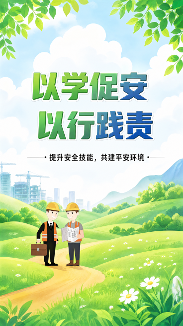 参考图一的清新绿色插画风格和顶部绿叶装饰元素，优化图二的画面，调整色彩与质感，添加顶部绿叶装饰，让整体风格和图一保持一致，保留图二原有的所有文字内容和人物元素：主标题“以学促安 以行践责”，副标题“提预览效果