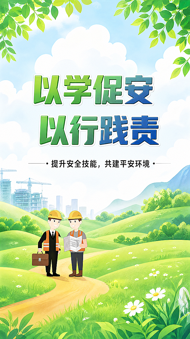 参考图一的清新绿色插画风格和顶部绿叶装饰元素，优化图二的画面，调整色彩与质感，添加顶部绿叶装饰，让整体风格和图一保持一致，保留图二原有的所有文字内容和人物元素：主标题“以学促安 以行践责”，副标题“提升安全技能，共建平安环境”