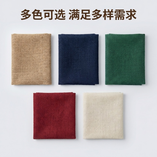 [主图 3] 黄麻布多色可选展示
[氛围风格] 干净整齐，突出色彩选择丰富
[画面元素] 商业摄影质感、光线柔和通透、产品清晰真实、画面干净高级。保留产品原有五种不同色彩的黄麻布，整齐平铺展开排列展示预览效果