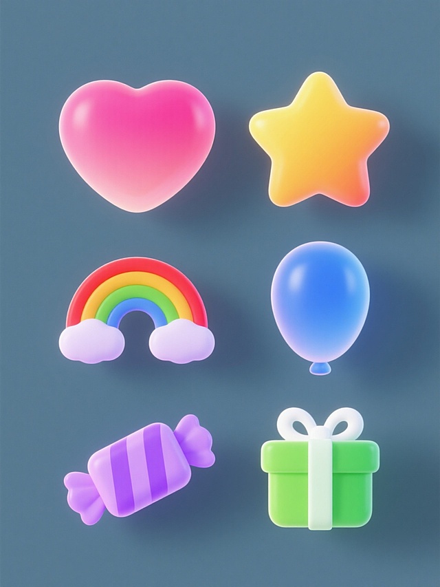 纯色背景上，六个软3D风格图标规整排布，每个图标都具有柔和的渐变色彩、光滑圆润的边缘和细腻的高光阴影效果。从左到右、从上到下分别是：粉红色渐变的爱心图标，黄色渐变的五角星图标，红橙黄绿青蓝紫渐变的彩虹图标，蓝色渐变的气球图标，紫色渐变的糖果图标，绿色渐变的礼物盒图标。所有图标保持统一的软3D质感和光影风格，整体色彩明快柔和，形成一套协调的图标系列素材集合。