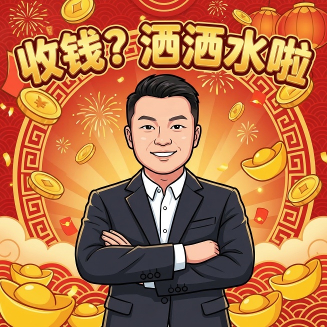 根据原型人物形象生成正方形漫画版头像，保留人物面部特征，添加文案"收钱？洒洒水啦"，背景营造出收钱的喜庆氛围，带有钱币元素预览效果