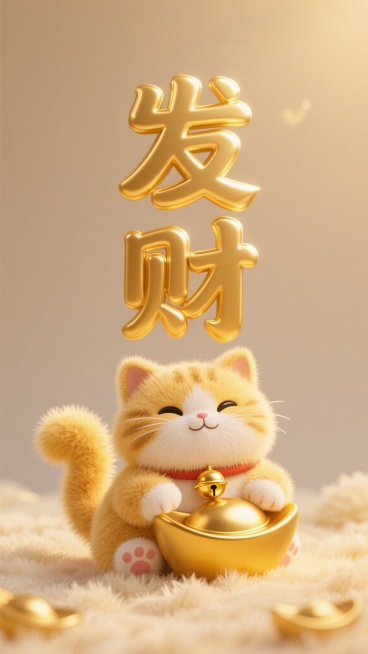 一张手机壁纸，画面中央是金色的“发财”两个大字，字体华丽有质感，仿佛由黄金打造，带有立体光泽。背景是毛茸茸的质感，温暖柔和，呈现出浅金色或米黄色。画面中包含一只可爱的发财猫，它可能戴着金色的小铃铛，爪预览效果