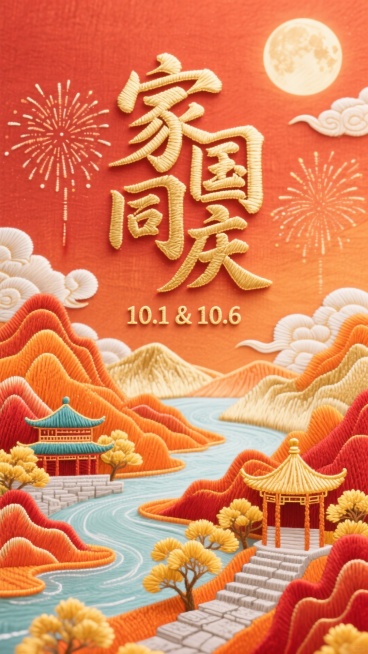 大师级排版设计，巨大的字体"家国同庆"，装饰日期：“10.1 & 10.6”；创意字体设计。线条流畅且富有艺术感，将字体进行抽象变形，创造出独特的节奏和动感，给人以强烈的视觉冲击。流畅扁平字，金色文字预览效果