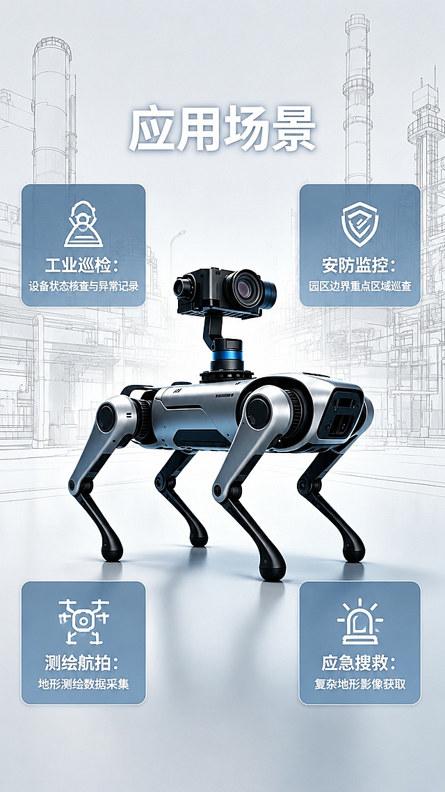 「图片1」，生成一套详情页，商品名称为xxx，适配淘宝/天猫平台，单图比例为9:16，需求屏数为18张。## 稿定设计一键生成详情页提示词（商用工业产品风，直接复制粘贴）
整体页面风格：高清写实产品摄影质感，光影干净高级，电商详情页完整版式，「图片1」这一张首图就很好，根据这些风格，完善更新详情页，当然不要有ai生成的水印，包含首屏主视觉、产品参数板块、细节实拍区、优势介绍区、底部说明栏，页面排版规整适配淘宝工业设备类目
首屏主视觉画面：三轴增稳云台VTH1KG倒置安装在四足机器狗背部，云台完整外露，金属机身精密结构清晰可见，背景为浅灰色工业实验室简洁场景，柔和冷白光打光，画面高清8K写实，无杂乱杂物
首屏顶部醒目红色半透明警示横幅文字（加粗醒目）：本店仅售卖三轴防抖增稳云台，图中机器狗、其他配套设备仅为效果展示，不出售
页面模块要求：
1. 头部Banner：主图云台倒置搭载机器狗全景图，叠加警示说明文字，字体加粗高对比度，一眼可见
2. 产品核心卖点板块：「图片1」「图片1」「图片1」「图片1」「图片1」「图片1」
3. 产品细节图区域：云台镜头、三轴转动结构、接口、机身材质多角度特写，单独展示云台，不含机器狗
4. 应用场景板块：工业巡检、测绘航拍、机载搭载效果图，区分云台单品与搭载演示图
5. 底部固定提示栏：再次小字备注：机器狗、搭载载体均为演示道具，本店商品仅为增稳云台吊舱
画质要求：4K超清，无水印，商业电商详情页尺寸，文字分层可编辑，元素分离便于修改，科技简约商务质感，无卡通元素，专业工业设备视觉「图片1」「图片1」