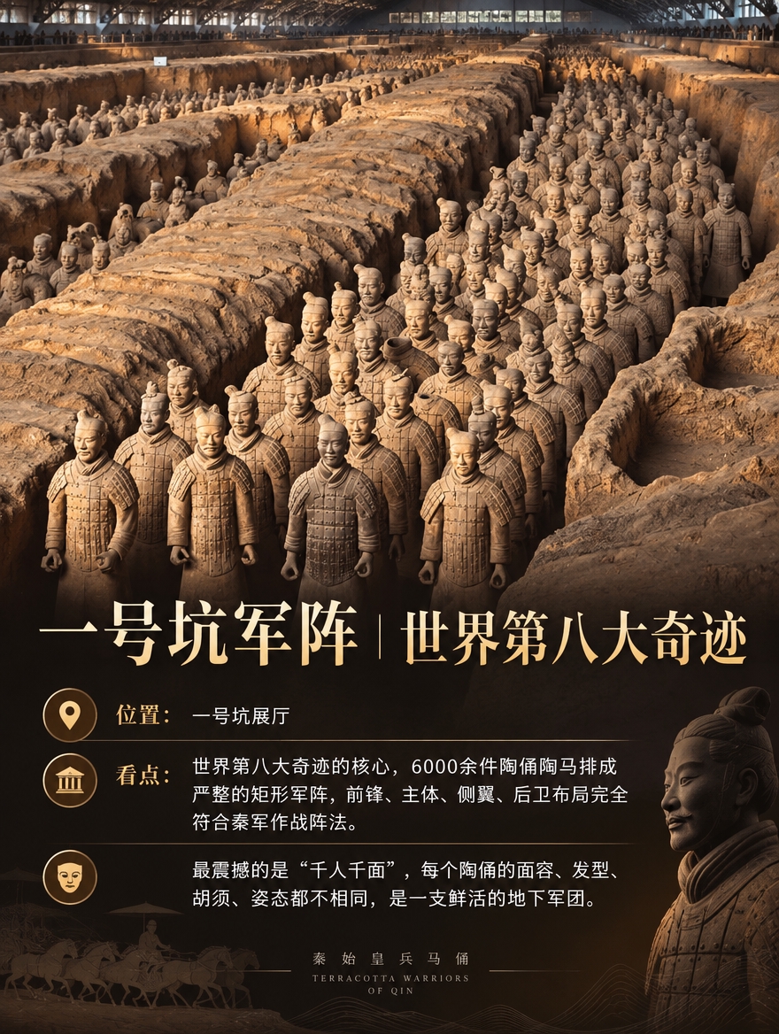 基于这张兵马俑一号坑军阵实拍图，制作成3:4竖版文物景点介绍图… - 图片创意预览