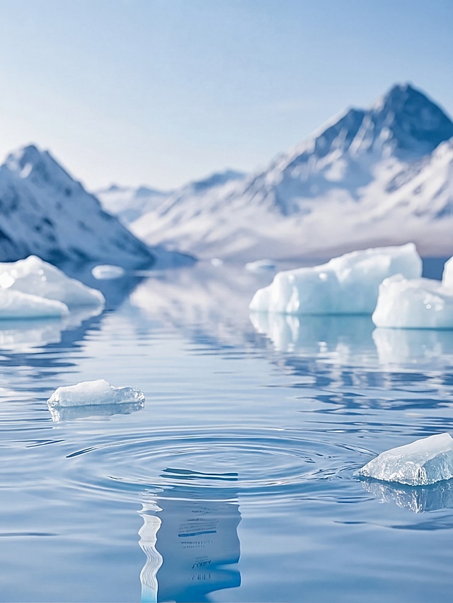去掉所有护肤品产品包装盒和面膜，只保留冰川水面背景，保持原图片蓝白色调、冰山倒影和整体光影风格一致，补全产品位置的水面和冰川，自然真实无违和感