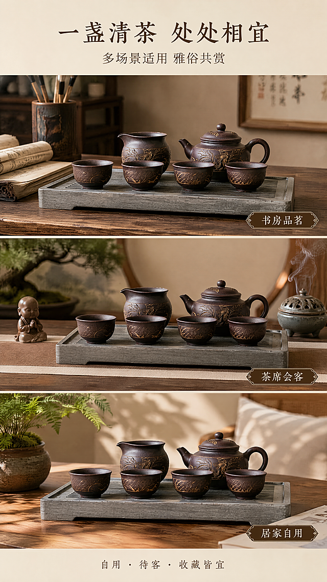 [第3张] 详情页场景种草-建水紫陶茶具多场景适用展示。本张使用【图1】作为茶具主体。
[氛围/风格] 雅致生活方式感，多场景拼图，东方美学，商业摄影质感。
[元素布局] 画面采用三格竖排拼图布局，分别展示三个适用场景：上格「书房品茗」- 茶具置于古朴书桌上，旁有书卷、毛笔；中格「茶席会客」- 茶具置于禅意茶席，配茶宠、香薰；下格「居家自用」- 茶具置于原木茶几，配绿植、阳光；每格中茶具的器型、颜色、刻花纹饰与输入产品图一致。
[光影质感] 每格场景自然光为主，暖色调，光影柔和，营造舒适惬意的品茶氛围。
[配色色系] 全局底色 #F0E8D8（暖米白）；主色深棕陶土 #6B4423；辅助色原木色 #A67C52、墨绿点缀 #4A6741。
[视角构图] 三格竖排拼图，每格独立场景，阅读动线自上而下。
[文字版式] 顶部主标题「一盏清茶 处处相宜」，副标题「多场景适用 雅俗共赏」；每格场景右下角标注场景名「书房品茗」「茶席会客」「居家自用」；底部小字「自用 · 待客 · 收藏皆宜」。
[比例分辨率] 9:16 竖版比例，4K 分辨率，文字清晰可辨，高清画质。
[负向提示词] 茶具变形，颜色偏差，水印，文字错乱，场景杂乱，现代感过强。